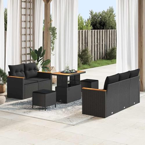 Gecheer 8-teiliges Garten Sofa Set mit Kissen Schwarz, 3-teiliges Garten EssSet mit Kissen Schwarz, Garten Sitzgruppe Esstisch Essgruppe Gartenmöbel Set für Balkon Terrasse Café-Bereich3364939 von Gecheer