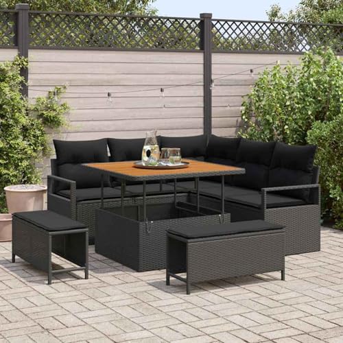 Gecheer 8-teiliges Garten-Sofa-Set mit Kissen Schwarz, 3-teiliges Garten-Essset mit Kissen Schwarz, Gartenlounge Esstisch Lounge Möbel Set für Outdoor Garten Terrasse Balkon Möbel3362514 von Gecheer
