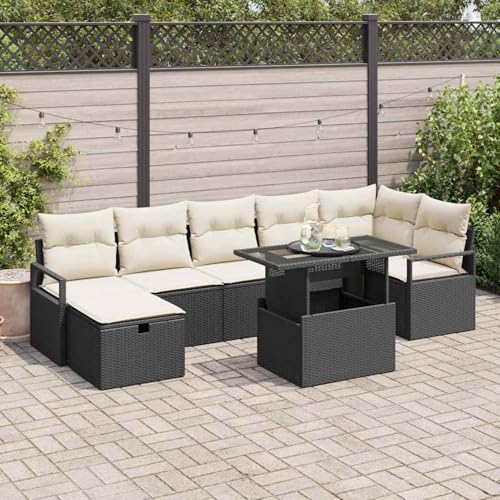 Gecheer 8-teiliges Garten Sofa Set mit Kissen Schwarz Poly Rattan, 2-Sitzer Garten Sofa mit Kissen Schwarz Poly Rattan, Outdoor Lounge Sitzgruppe zum Entspannen für Terrasse und Garten3359804 von Gecheer