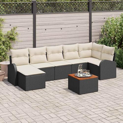 Gecheer 8-teiliges Garten Sofa Set mit Kissen Schwarz Poly Rattan Akazie, Garten Sitzgruppe Esstisch Essgruppe Gartenmöbel Set für Balkon Terrasse Café-Bereich3347607 von Gecheer