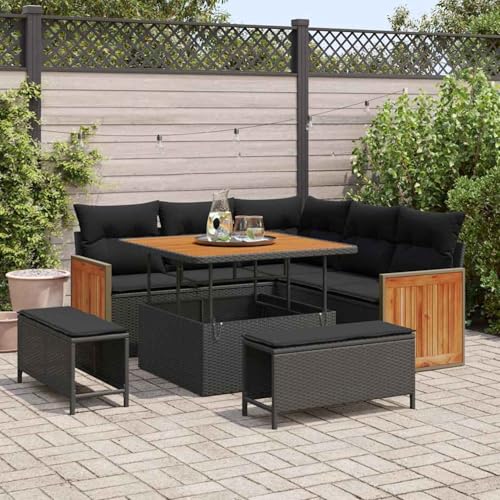 Gecheer 8-teiliges Garten Sofa Set mit Kissen Schwarz Poly Rattan Akazie, Outdoor Lounge Sitzgruppe zum Entspannen für Terrasse und Garten3363294 von Gecheer
