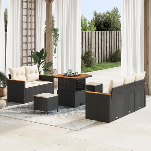 Gecheer 8-teiliges Garten Sofa Set mit Kissen Schwarz Poly Rattan Akazie von Gecheer