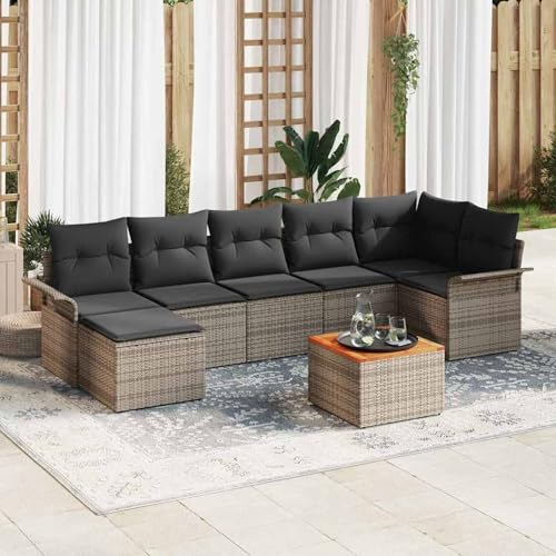 Gecheer 8-teiliges Garten-Sofaset mit Kissen Grau Poly-Rattan Akazie, Gartenlounge Esstisch Lounge Möbel Set für Outdoor Garten Terrasse Balkon Möbel3347356 von Gecheer