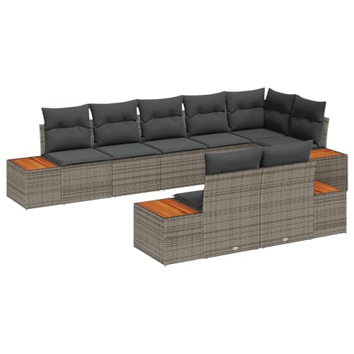 Gecheer 8-teiliges Garten Sofaset mit Kissen Grau Poly Rattan Akazie Gartenmöbel Set von Gecheer