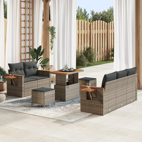 Gecheer 8-teiliges Garten Sofaset mit Kissen Grau Poly Rattan Akazie von Gecheer