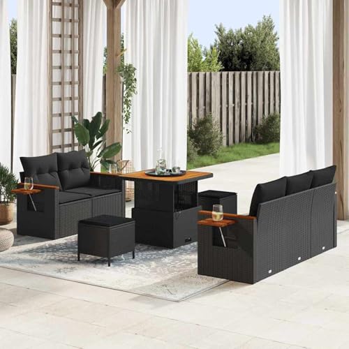 Gecheer 8-teiliges Garten Sofaset mit Kissen Schwarz, 3-teiliges Garten Essset mit Kissen Schwarz, Garten Sitzgruppe Esstisch Essgruppe Gartenmöbel Set für Balkon Terrasse Café-Bereich3365064 von Gecheer