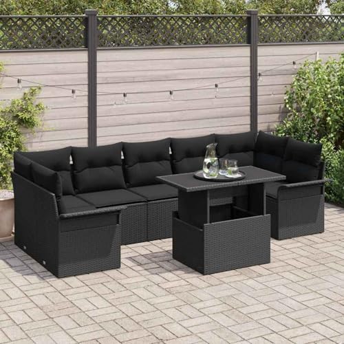 Gecheer 8-teiliges Garten-Sofaset mit Kissen Schwarz Poly-Rattan, Garten Sitzgruppe Esstisch Essgruppe Gartenmöbel Set für Balkon Terrasse Café-Bereich3348239 von Gecheer