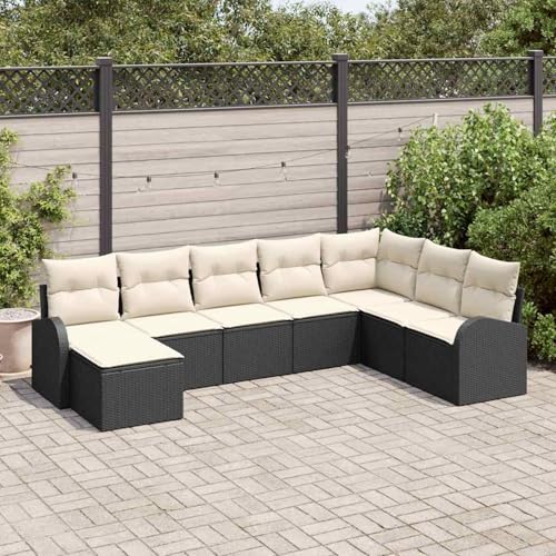 Gecheer 8-teiliges Garten Sofaset mit Kissen Schwarz Poly Rattan, Gartenlounge Esstisch Lounge Möbel Set für Outdoor Garten Terrasse Balkon Möbel von Gecheer