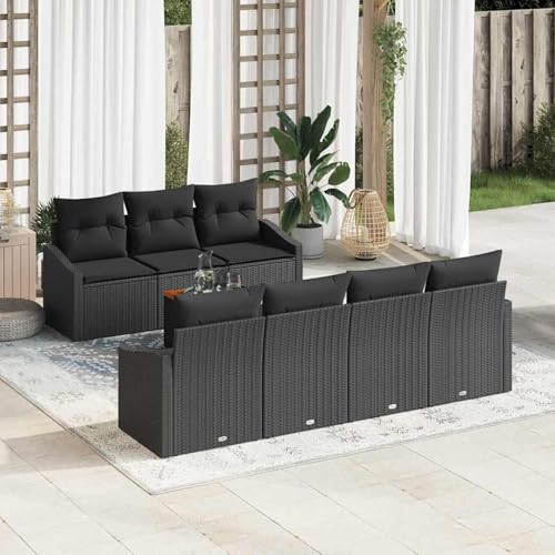 Gecheer 8-teiliges Gartenmöbelset mit Kissen Schwarz Poly-Rattan Akazie, Gartenmöbel Tisch und Stühle Set für Garten Terrasse Café Outdoor Essbereich3356462 von Gecheer