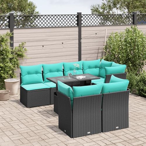 Gecheer 8-teiliges Gartensofa-Set mit Kissen, schwarzes Polyrattan, Gartenlounge Esstisch Lounge Möbel Set für Outdoor Garten Terrasse Balkon Möbel3266407 von Gecheer