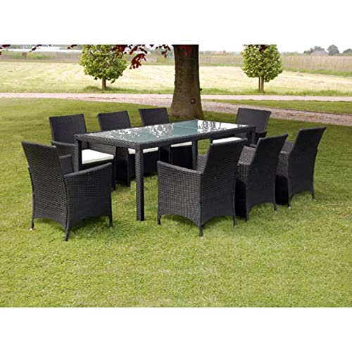 Gecheer 9-TLG. Garten Essgruppe, Terrassenmöbel Set 8 Personen, Sitzgruppe Esstisch mit Glas-Tischplatte & 8 Rattan-Stühle mit Sitzkissen, Gartenmöbel Set Schwarz von Gecheer