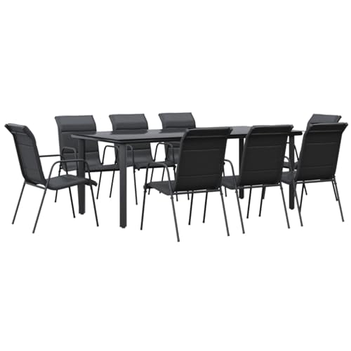 Gecheer 9-TLG. Garten Essgruppe 8 Personen, Gartenmöbel Set, Tisch mit Stuhl, Terassenmöbel, Gartengarnitur für Garten Terrasse, Schwarz Stahl und Textilene von Gecheer