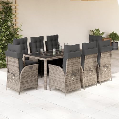 Gecheer 9-TLG. Garten-Essgruppe mit Kissen Grau Poly Rattan, Gartenmöbel Set Tisch Stühlen for Balkonmöbel Outdoor-Essbereich und Café3213083 von Gecheer