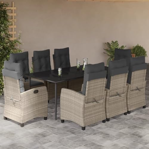 Gecheer 9-TLG. Garten-Essgruppe mit Kissen Hellgrau Poly Rattan, Gartenmöbel Set Tisch Stühlen for Balkonmöbel Outdoor-Essbereich und Café3212850 von Gecheer