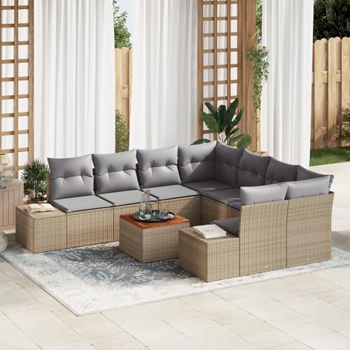 Gecheer 9-TLG. Garten-Sofagarnitur mit Kissen Beige Poly Rattan Akazie Gartenlounge Outdoor Gartensofa Sofa Im Freien von Gecheer