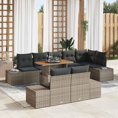 Gecheer 9-teiliges Garten Esstischset mit Kissen Grau Poly Rattan Akazie, Outdoor Essgruppe Wetterfeste Sitzgruppe Esstisch Stühlen for Terrasse Garten Balkon3349978 von Gecheer