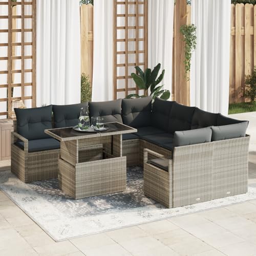 Gecheer 9-teiliges Garten Sofa Set mit Kissen, hellgrau, Poly-Rattan Gartenlounge Outdoor Gartensofa Sofa Im Freien von Gecheer