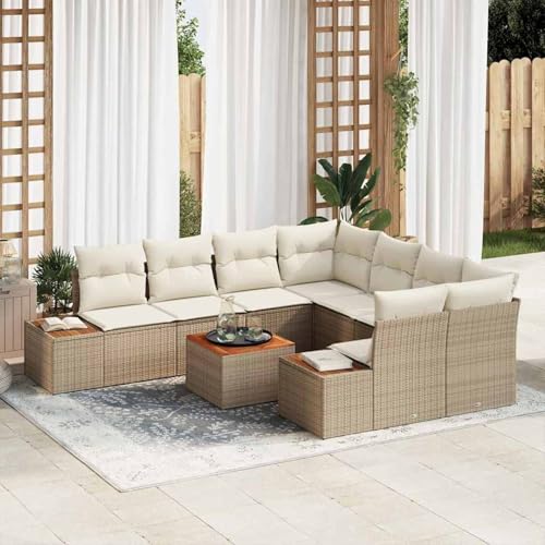 Gecheer 9-teiliges Garten-Sofa-Set mit Kissen Beige Poly-Rattan Akazie, Outdoor Lounge Sitzgruppe zum Entspannen für Terrasse und Garten3348057 von Gecheer