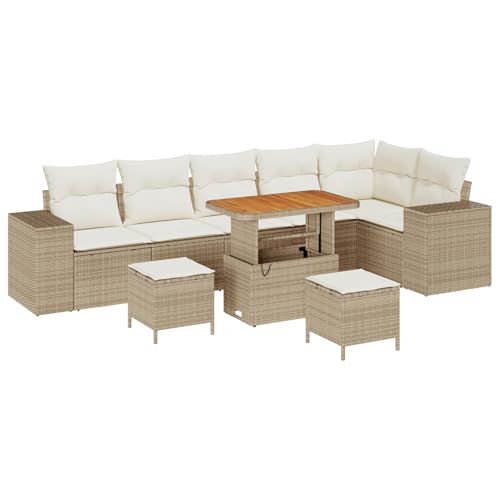 Gecheer 9-teiliges Garten Sofa Set mit Kissen Beige Poly Rattan Akazie von Gecheer