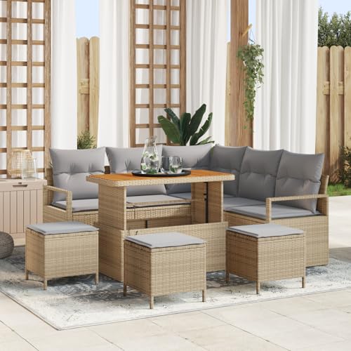Gecheer 9-teiliges Garten-Sofa-Set mit Kissen Beige Poly-Rattan Akazie von Gecheer