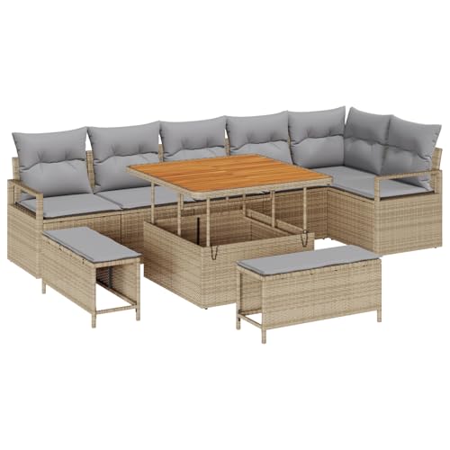 Gecheer 9-teiliges Garten Sofa Set mit Kissen Beige Poly Rattan Akazie von Gecheer