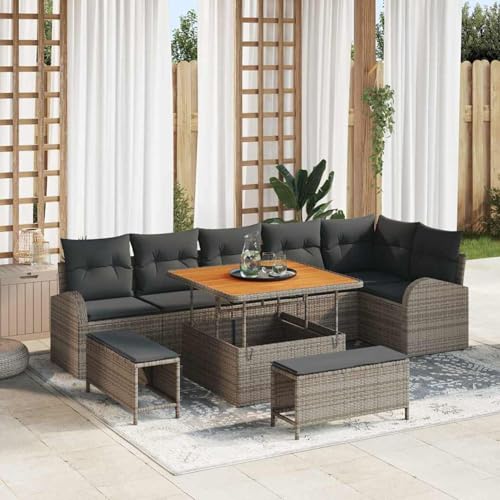 Gecheer 9-teiliges Garten Sofa Set mit Kissen Grau Poly-Rattan, Outdoor Lounge Sitzgruppe zum Entspannen für Terrasse und Garten3362408 von Gecheer