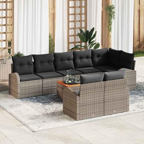 Gecheer 9-teiliges Garten Sofa Set mit Kissen Grau Poly Rattan Akazie, Garten Sitzgruppe Esstisch Essgruppe Gartenmöbel Set für Balkon Terrasse Café-Bereich3347594 von Gecheer