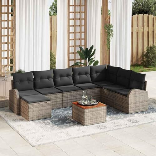 Gecheer 9-teiliges Garten Sofa Set mit Kissen Grau Poly Rattan Akazie, Gartenlounge Esstisch Lounge Möbel Set für Outdoor Garten Terrasse Balkon Möbel3347615 von Gecheer