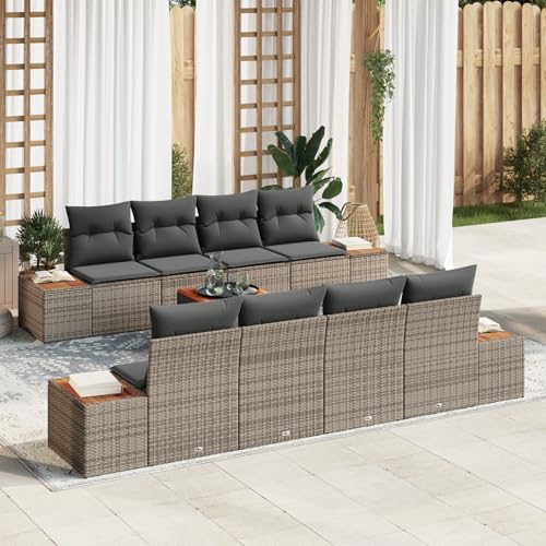 Gecheer 9-teiliges Garten Sofa Set mit Kissen Grau Poly Rattan Akazie Gartenlounge Outdoor Gartensofa Sofa Im Freien von Gecheer