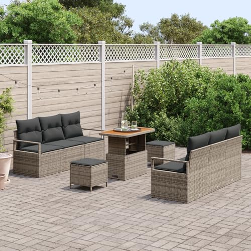 Gecheer 9-teiliges Garten-Sofa-Set mit Kissen Grau Poly Rattan Akazie von Gecheer
