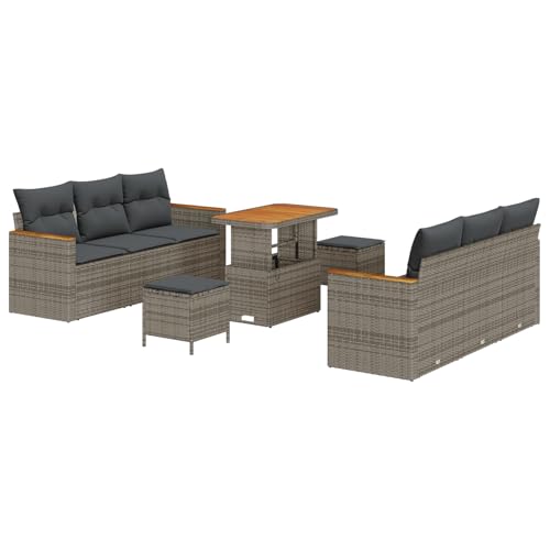 Gecheer 9-teiliges Garten Sofa Set mit Kissen Grau Poly Rattan Akazie von Gecheer