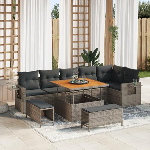 Gecheer 9-teiliges Garten Sofa Set mit Kissen Grau Poly Rattan Akazie von Gecheer