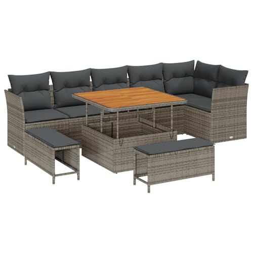 Gecheer 9-teiliges Garten-Sofa-Set mit Kissen Grau Poly-Rattan Akazie von Gecheer