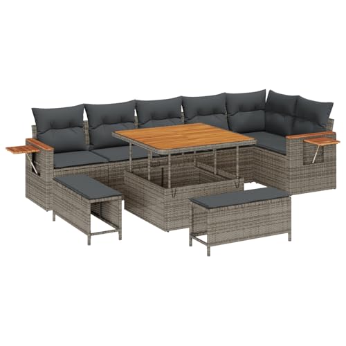 Gecheer 9-teiliges Garten-Sofa-Set mit Kissen Grau Poly Rattan Akazie von Gecheer