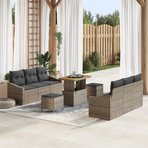 Gecheer 9-teiliges Garten Sofa Set mit Kissen Grau Poly Rattan Akazie von Gecheer