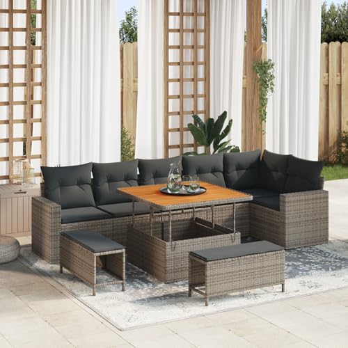 Gecheer 9-teiliges Garten Sofa Set mit Kissen Grau Poly Rattan Akazie von Gecheer