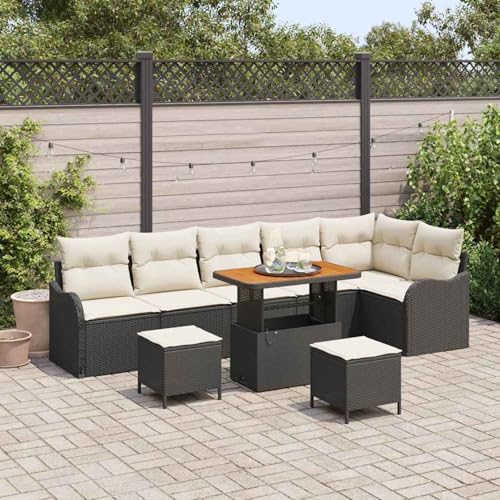 Gecheer 9-teiliges Garten Sofa Set mit Kissen Schwarz, 2-Sitzer Garten Sofa mit Stauraum, Garten Sitzgruppe Esstisch Essgruppe für Balkon Terrasse Café-Bereich3364235 von Gecheer