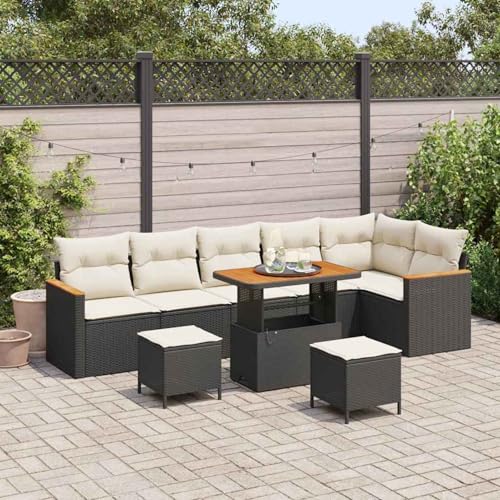 Gecheer 9-teiliges Garten Sofa Set mit Kissen Schwarz, 3-teiliges Garten Esstisch Set mit Kissen Schwarz, Gartenlounge Esstisch Lounge Möbel Set für Outdoor Garten Terrasse Balkon Möbel3365015 von Gecheer