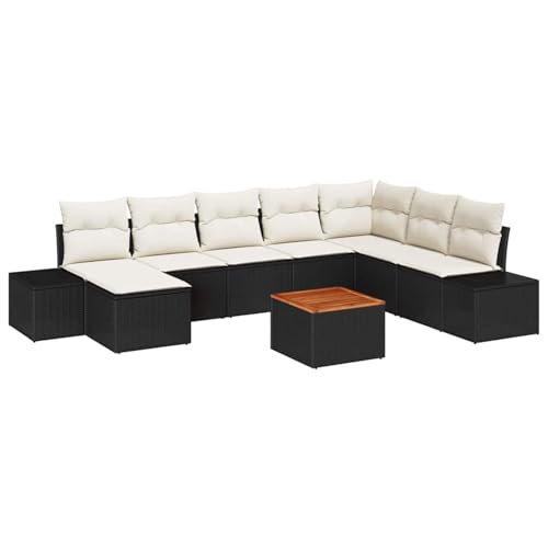 Gecheer 9-teiliges Garten-Sofa-Set mit Kissen Schwarz Poly-Rattan Akazie, Gartenlounge Esstisch Lounge Möbel Set für Outdoor Garten Terrasse Balkon Möbel3347992 von Gecheer