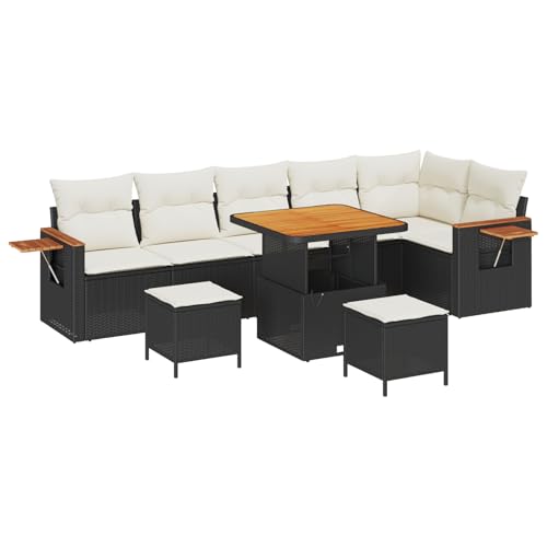Gecheer 9-teiliges Garten Sofa Set mit Kissen Schwarz Poly-Rattan Akazie von Gecheer