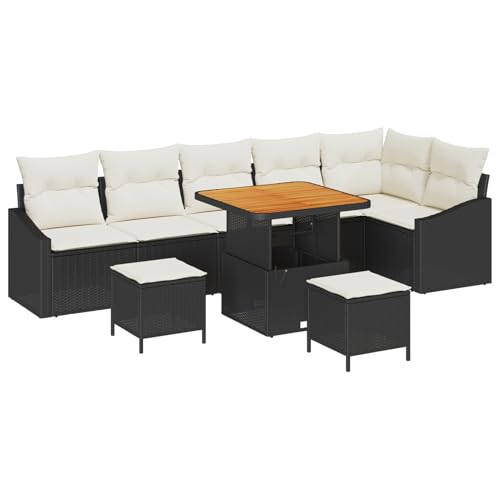 Gecheer 9-teiliges Garten-Sofa-Set mit Kissen Schwarz Poly-Rattan Akazie von Gecheer