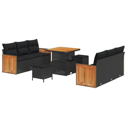 Gecheer 9-teiliges Garten Sofa Set mit Kissen Schwarz Poly Rattan Akazie von Gecheer