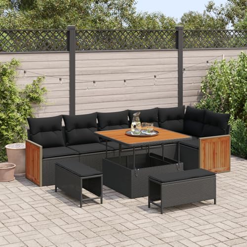 Gecheer 9-teiliges Garten-Sofa-Set mit Kissen Schwarz Poly Rattan Akazie von Gecheer