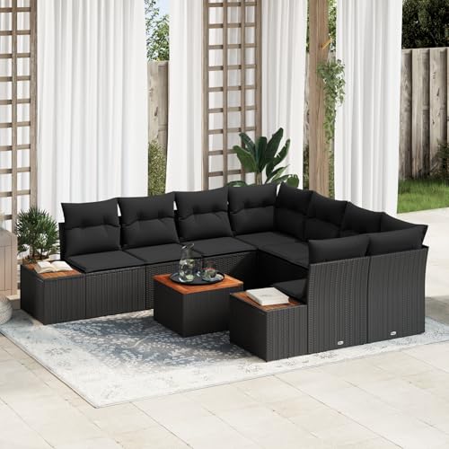 Gecheer 9-teiliges Garten Sofa Set mit Kissen Schwarz Poly Rattan Akazie von Gecheer