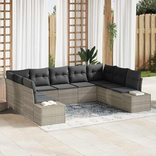 Gecheer 9-teiliges Garten-Sofa-Set mit Kissen hellgraues Poly-Rattan, Gartenlounge Esstisch Lounge Möbel Set für Outdoor Garten Terrasse Balkon Möbel von Gecheer