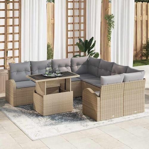 Gecheer 9-teiliges Garten-Sofaset mit Kissen Beige Poly Rattan, Garten Sitzgruppe Esstisch Essgruppe Gartenmöbel Set für Balkon Terrasse Café-Bereich3348616 von Gecheer