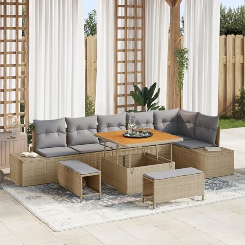 Gecheer 9-teiliges Garten Sofaset mit Kissen Beige Poly Rattan Akazie von Gecheer