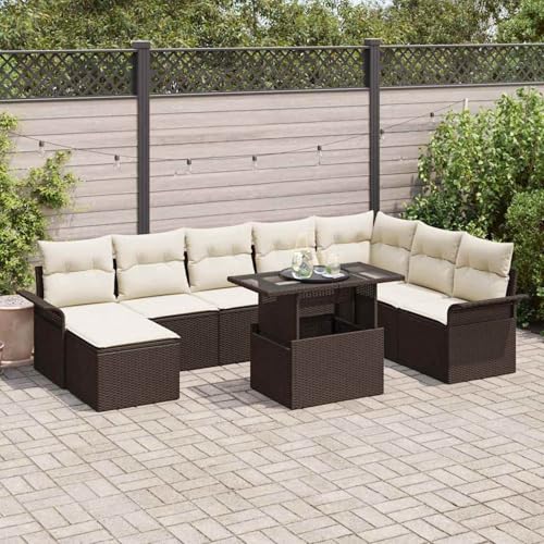Gecheer 9-teiliges Garten Sofaset mit Kissen Braun Poly Rattan, Gartenlounge Esstisch Lounge Möbel Set für Outdoor Garten Terrasse Balkon Möbel3348334 von Gecheer