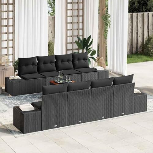 Gecheer 9-teiliges Garten-Sofaset mit Kissen Schwarz Poly-Rattan Akazie, Garten Sitzgruppe Esstisch Essgruppe Gartenmöbel Set für Balkon Terrasse Café-Bereich3347933 von Gecheer