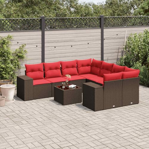 Gecheer 9-teiliges Gartensofa-Set mit Kissen, braun, Polyrattan, Gartenlounge Esstisch Lounge Möbel Set für Outdoor Garten Terrasse Balkon Möbel3222363 von Gecheer